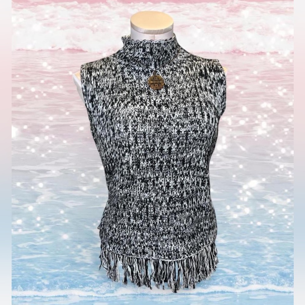 F.L. Malik Black and White Fringe Mock Nexk Sleeveless Knit Y2K Top Size S